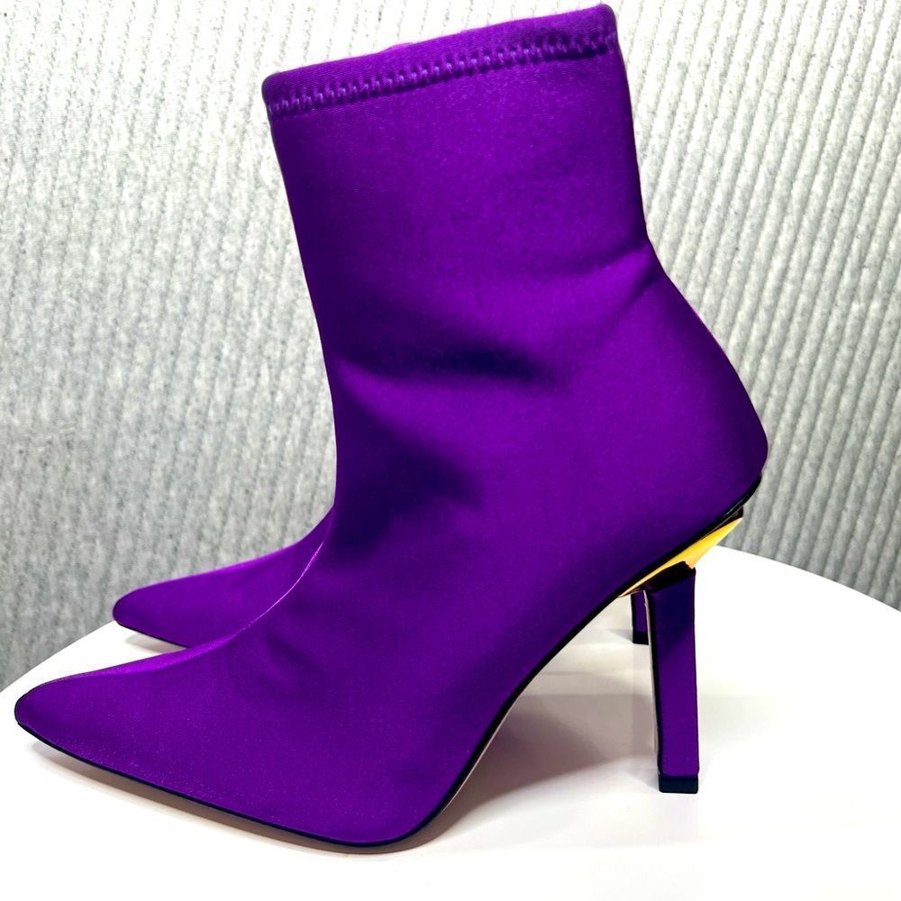 Good American Booties Boots Purple Pointed Toe High Heel 7.5 Trendy Gold Sexy